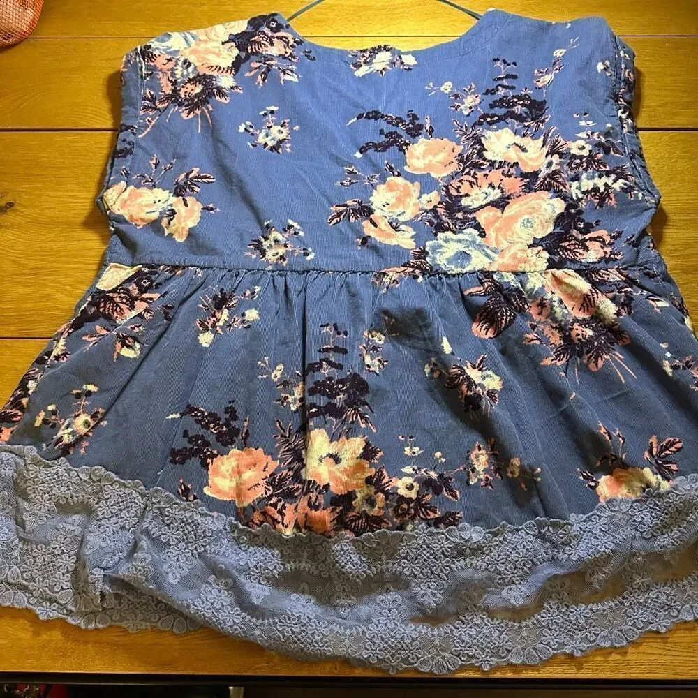 Free People Harper floral corduroy blue blouse large